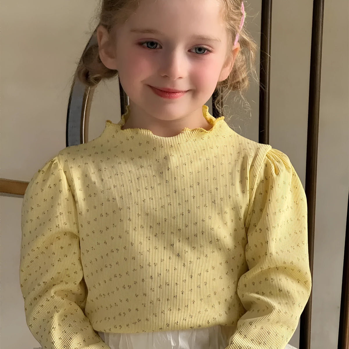 Girls' yellow cotton floral knitted pullover with wooden ear detail and bubble sleeves, long sleeve top
