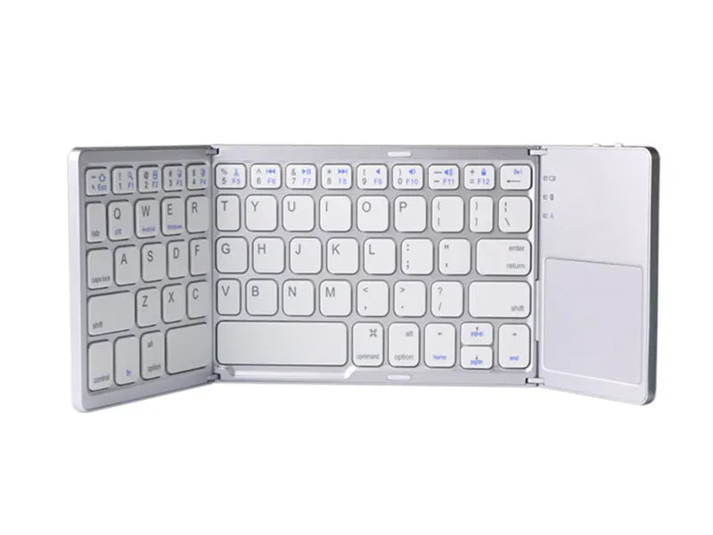 Ultra-thin tri-fold folding touch Bluetooth keyboard shown in both folded and open positions