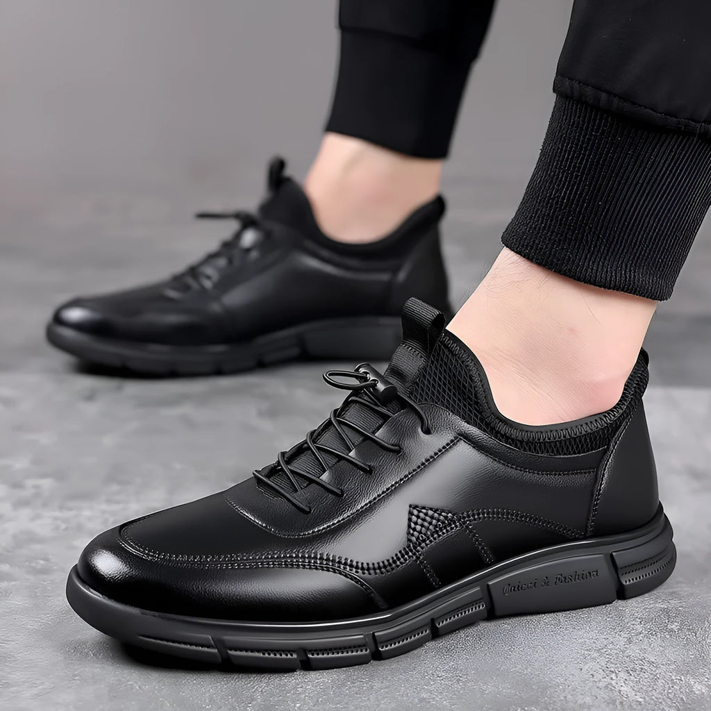 Black men's casual leather shoes with round toe, square heel, and leather stitching detail.