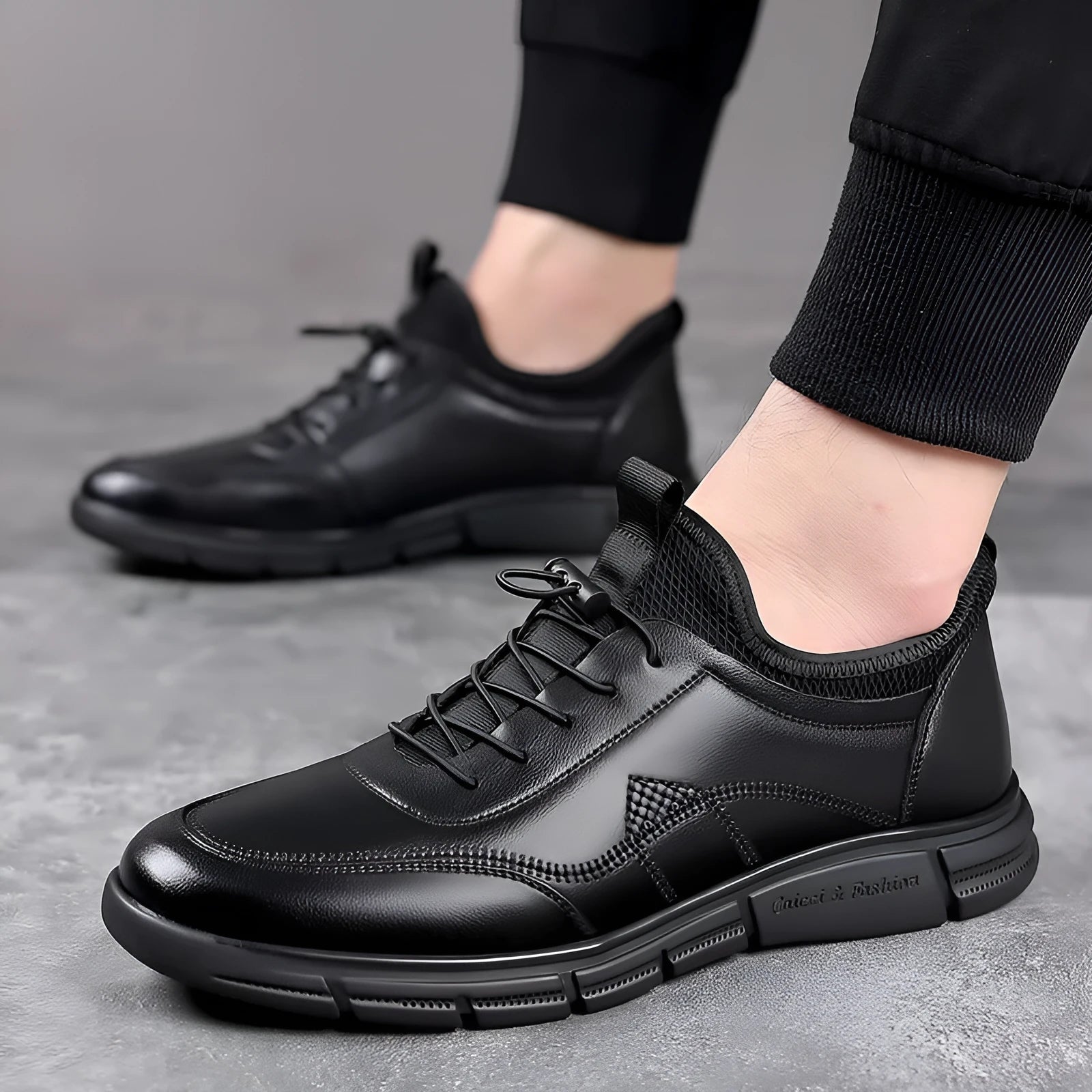 Black men's casual leather shoes with round toe, square heel, and leather stitching detail.