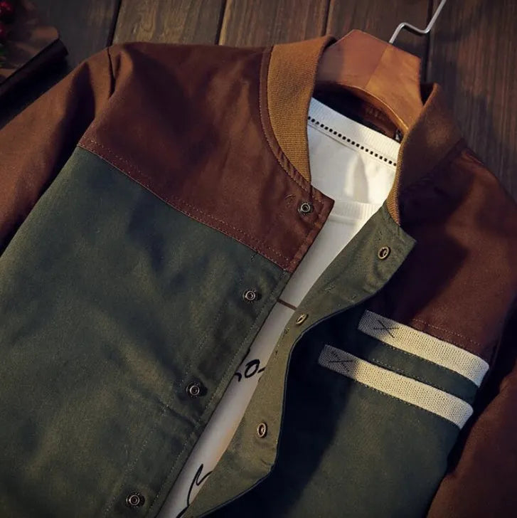 Men's Korean style blue cotton casual jacket with single-breasted collar and colour-matching pattern