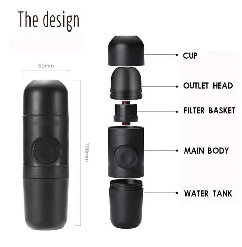 Black portable manual coffee machine measuring 6cm by 17.5cm on a table