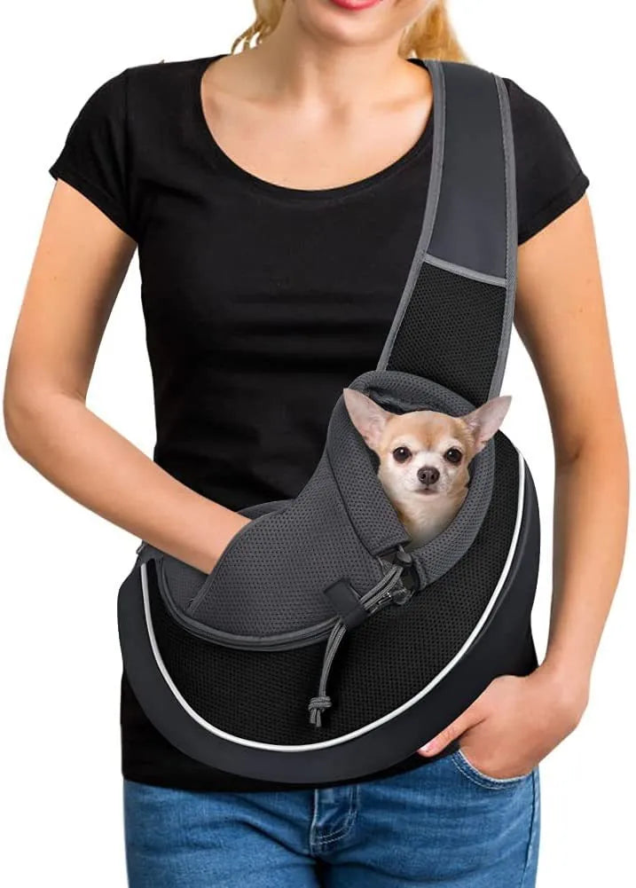 Portable crossbody pet carrier bag for dogs and cats, black, S size, Oxford material, with drawstring closure and zippered bottom