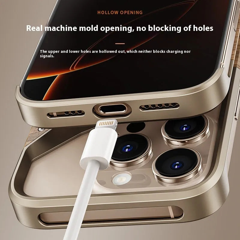Desert gold wooden aluminium alloy phone case for iPhone 15 and 16 with CNC finish