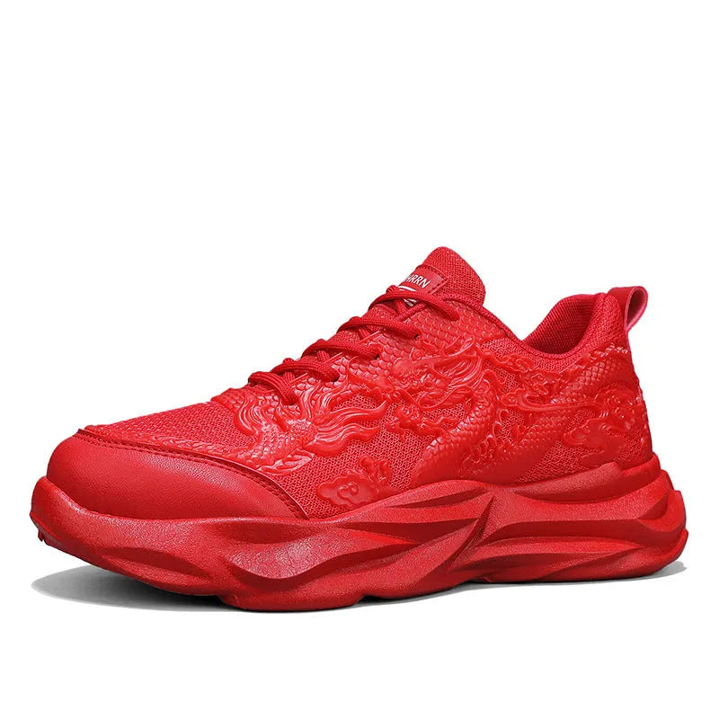 Chinese dragon pattern fly knit casual sneakers with rubber soles in four colour options