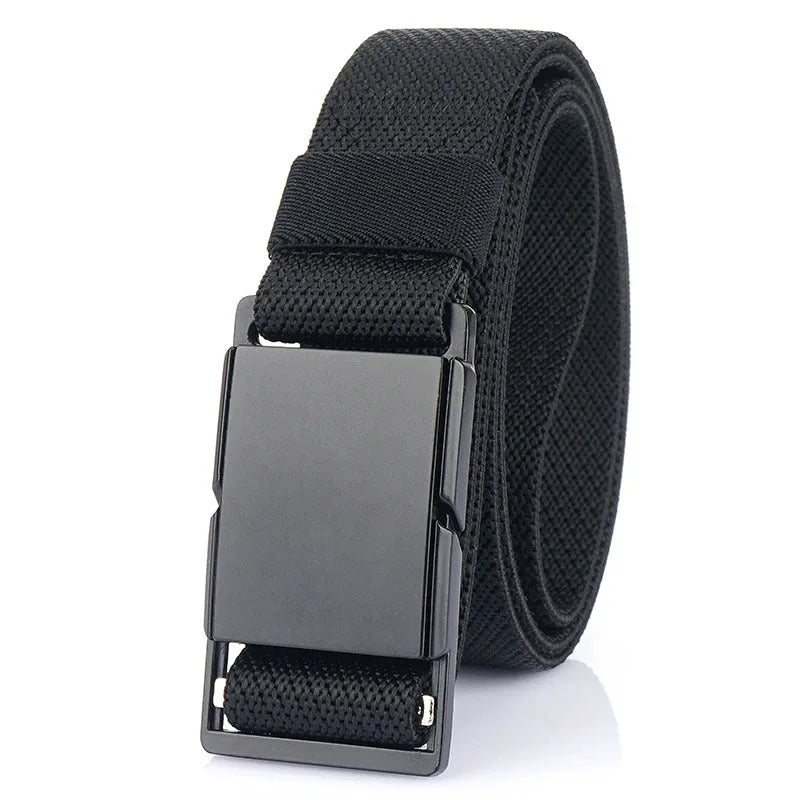 Men's magnetic buckle casual belt in polyester fibre with alloy buckle, showing 125cm length and ordinary width