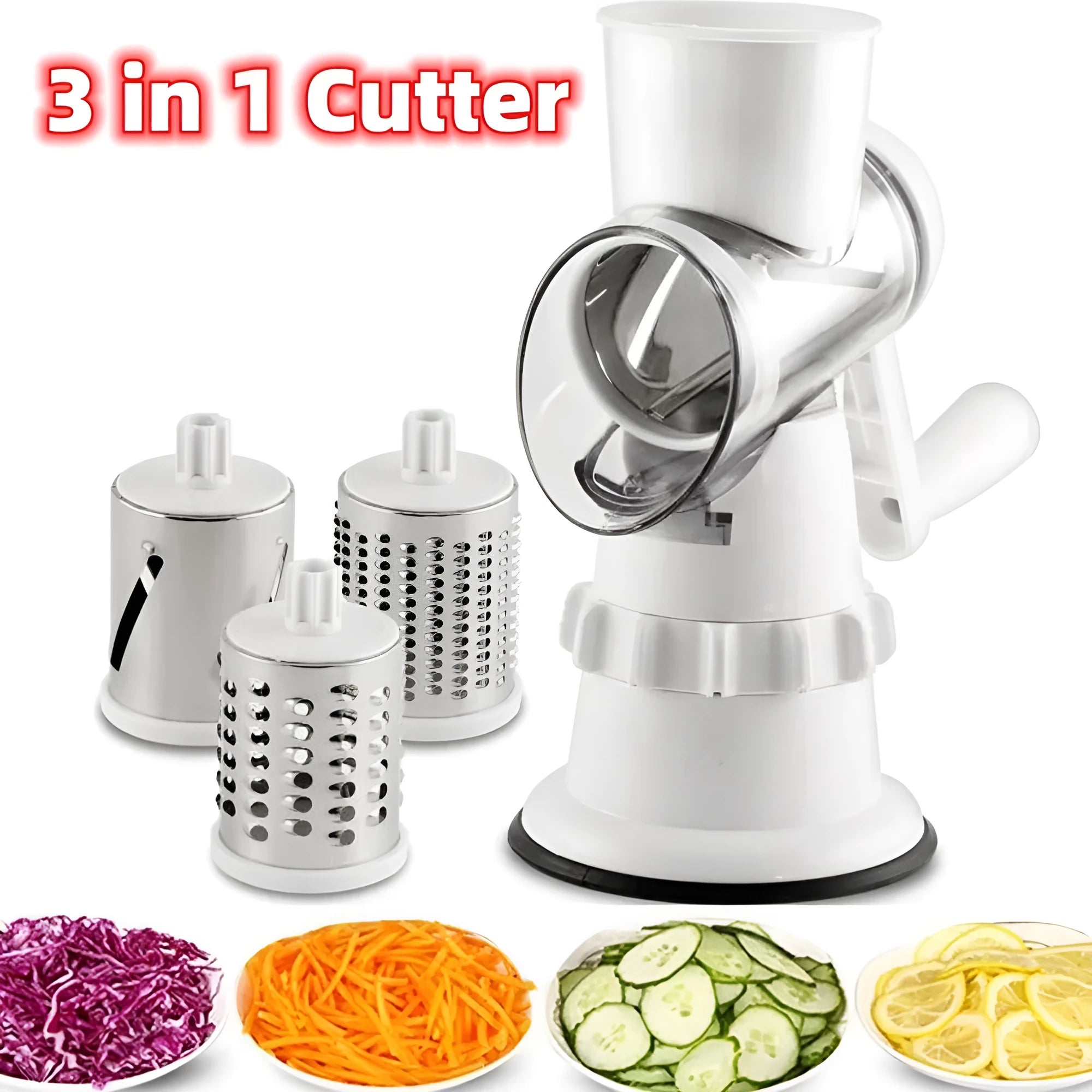 3 In 1 manual vegetable slicer in white BPA-free plastic with stainless steel blades and suction feet