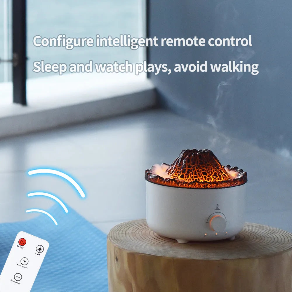 White simulated flame volcano humidifier and aroma diffuser with remote control on wooden surface