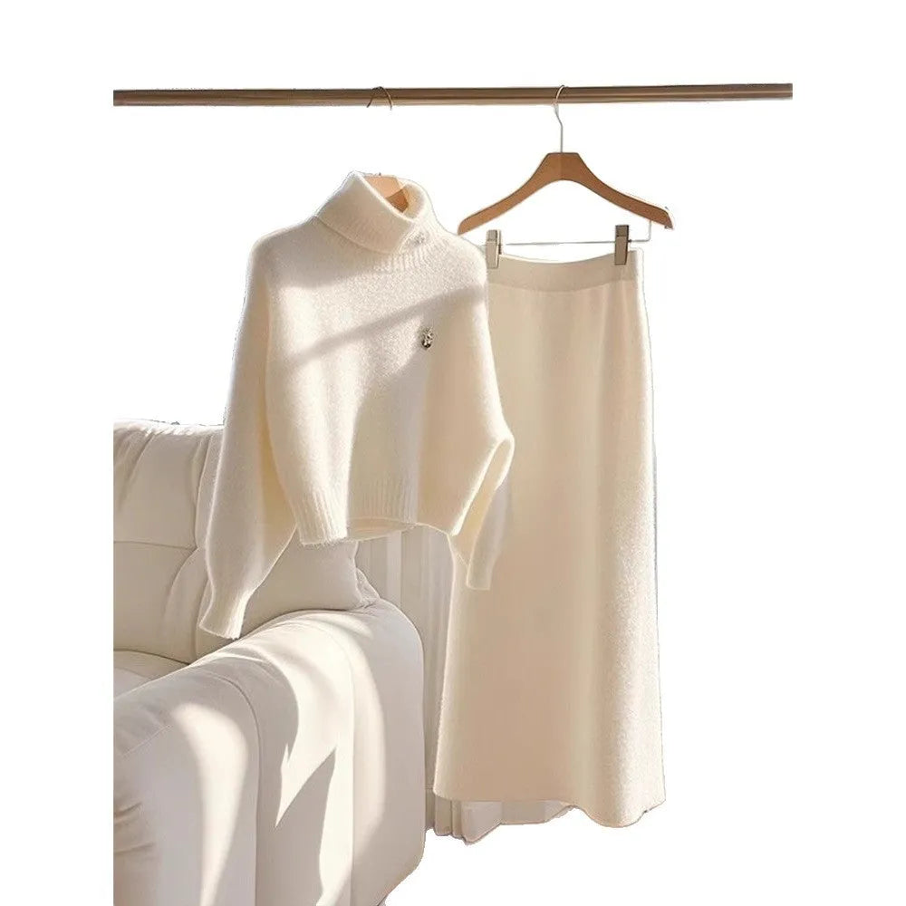 White knitted sweater skirt suit with long sleeve top and long skirt for women, sizes S-3XL.