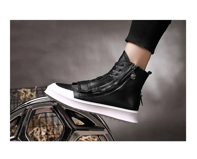 Men's black and white high-top sneaker-style ankle boots made from microfibre PU leather.