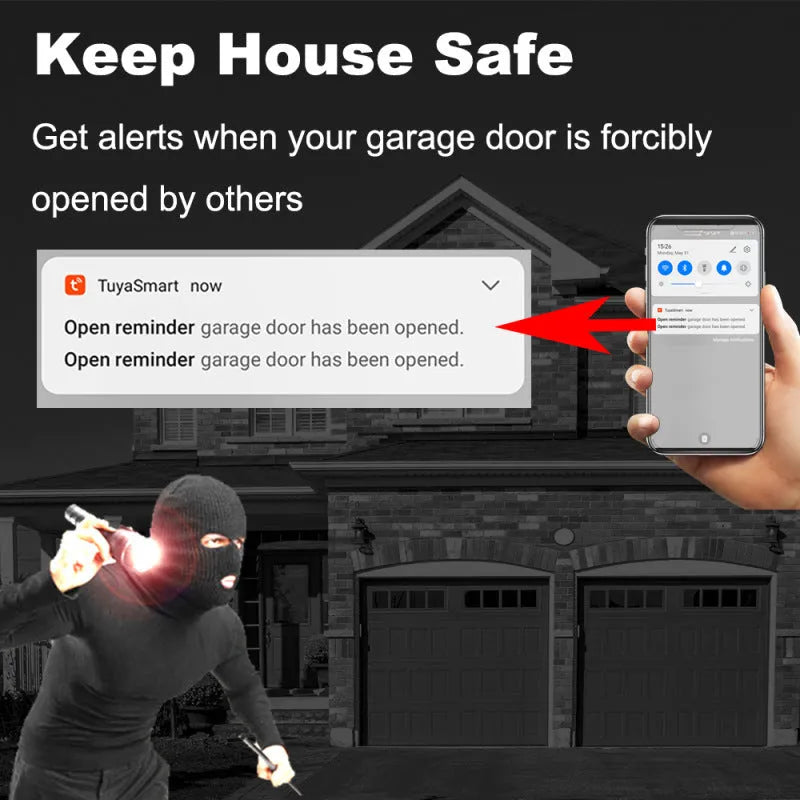 Black plastic WiFi garage door controller for remote and voice control via smartphone app.