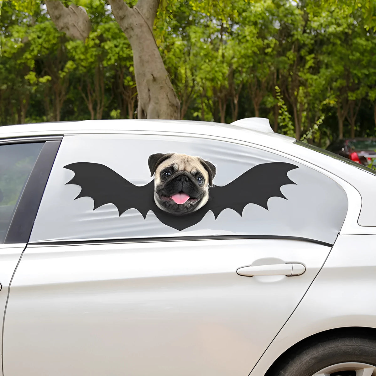 Grey polyester car window sun shade with head hole and bat pattern for pets