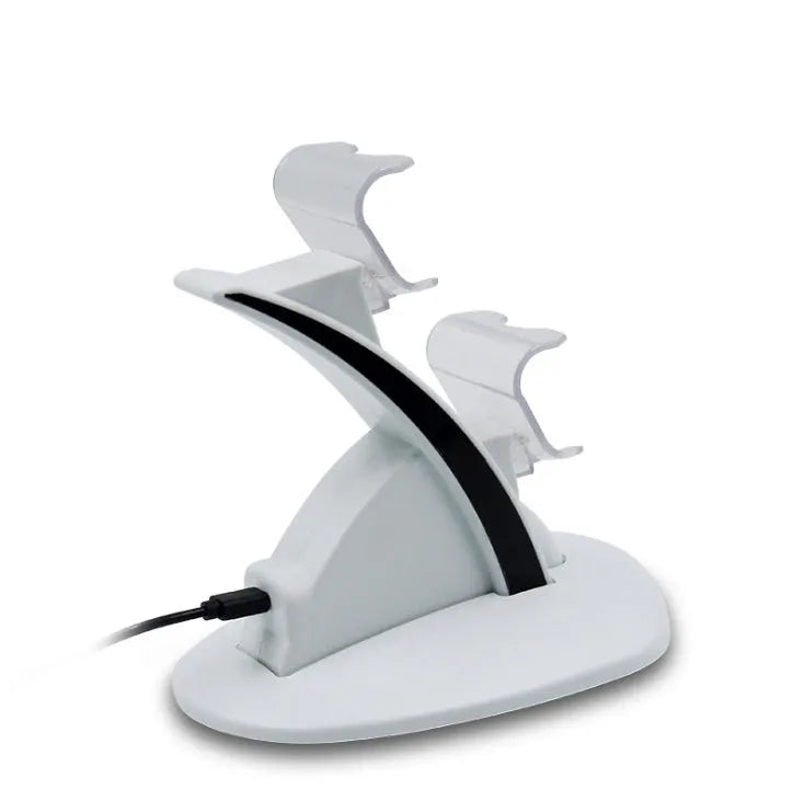 White dual PS4 controller charger with light-up docks showing blue glow and flashing modes