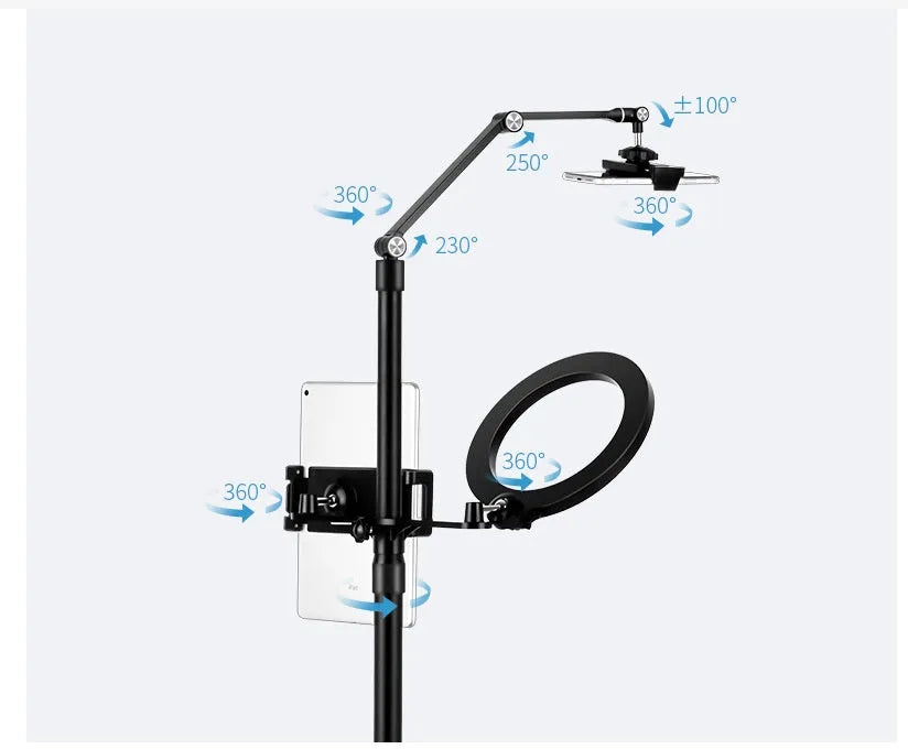 Black mobile phone tablet stand with fill light for live broadcast shooting showing folding rotation design