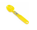 White digital kitchen spoon scale with LCD display showing weight measurement