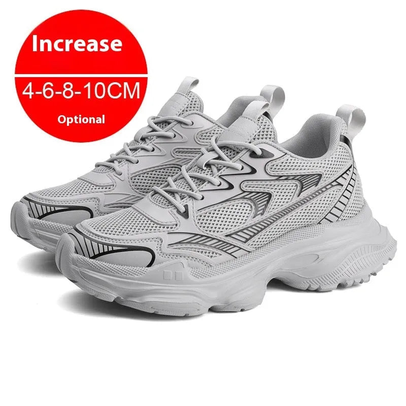 Casual breathable clunky sneakers with height-increasing insole, mesh lining, and rubber EVA PU sole in white, black, or grey.
