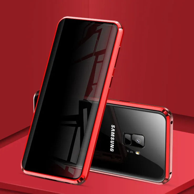 Black clamshell magnetic anti-peeping phone case for Samsung Galaxy phones, shown open and closed.