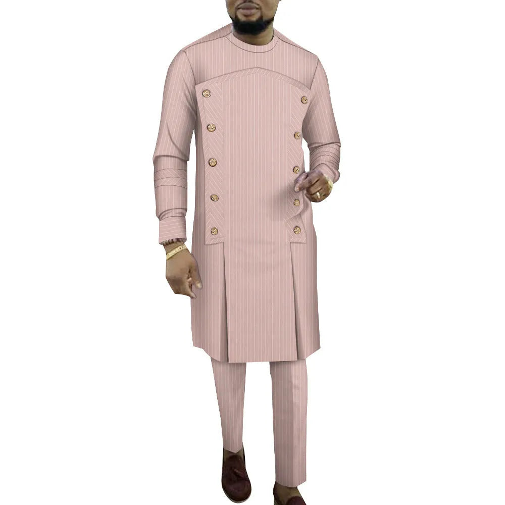 African men's striped cotton robe two-piece set showing long sleeve top and matching trousers