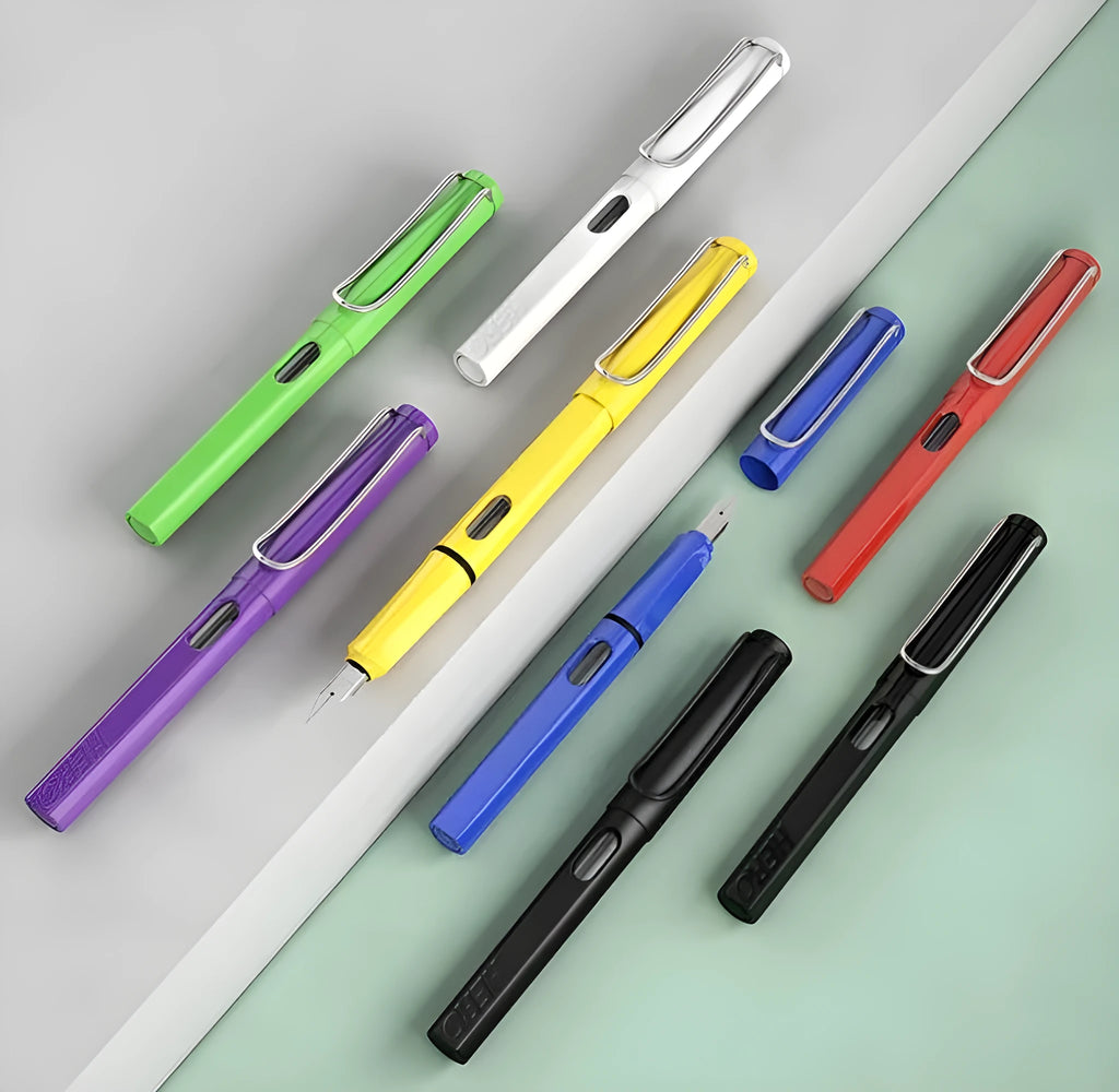 Engravable fountain pen with iridium nib, visual ink window, 0.38mm and 0.5mm options, plastic metal barrel