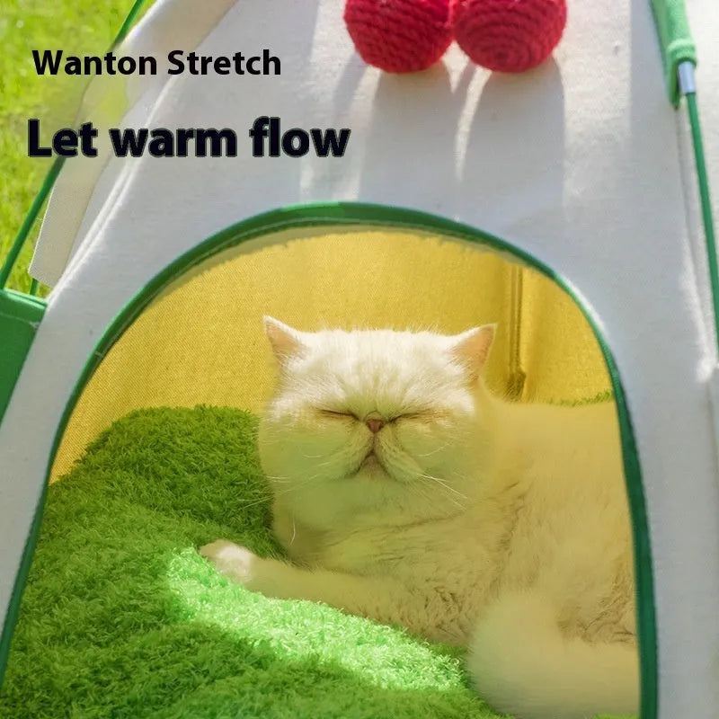 Dome-shaped cloth cat tent with optional thick padded mat for indoor pet sleeping