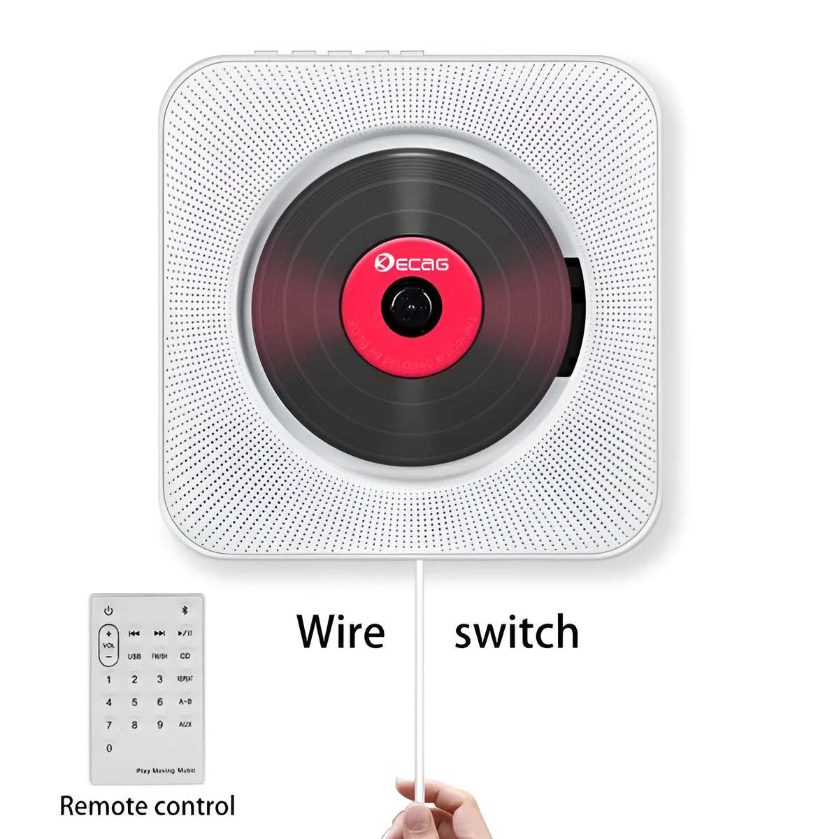 Compact portable CD player with Bluetooth and USB, 18.9cm square, ABS housing, remote control included