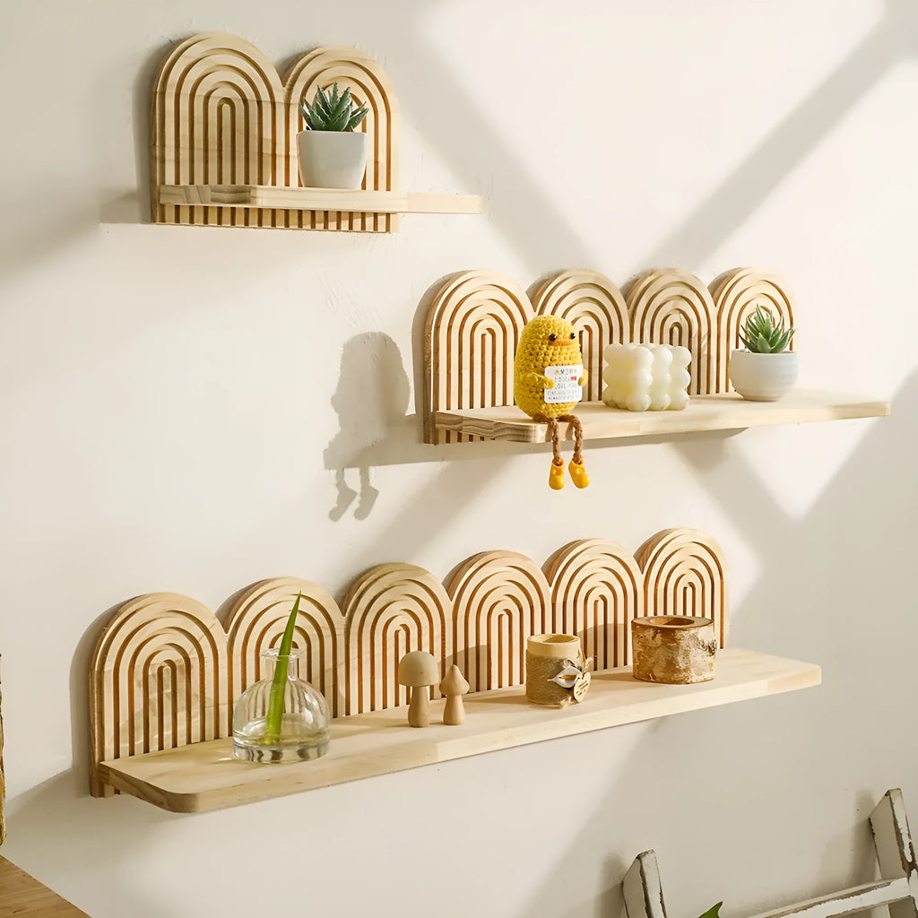 Solid wood multi-layer wall rack holding several flower pots for home decoration.