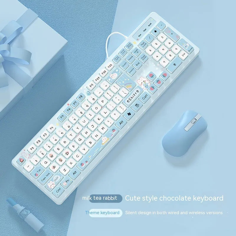 Milk Tea Rabbit chocolate wired keyboard in strawberry pink with 1m USB cable