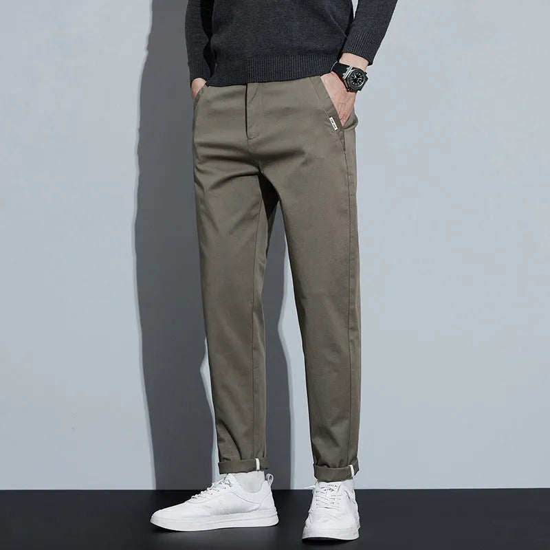 Combed cotton light business casual trousers for men, mid waist, medium elastic, available in black, dark gray, khaki, grass gray, sizes 28 to 36