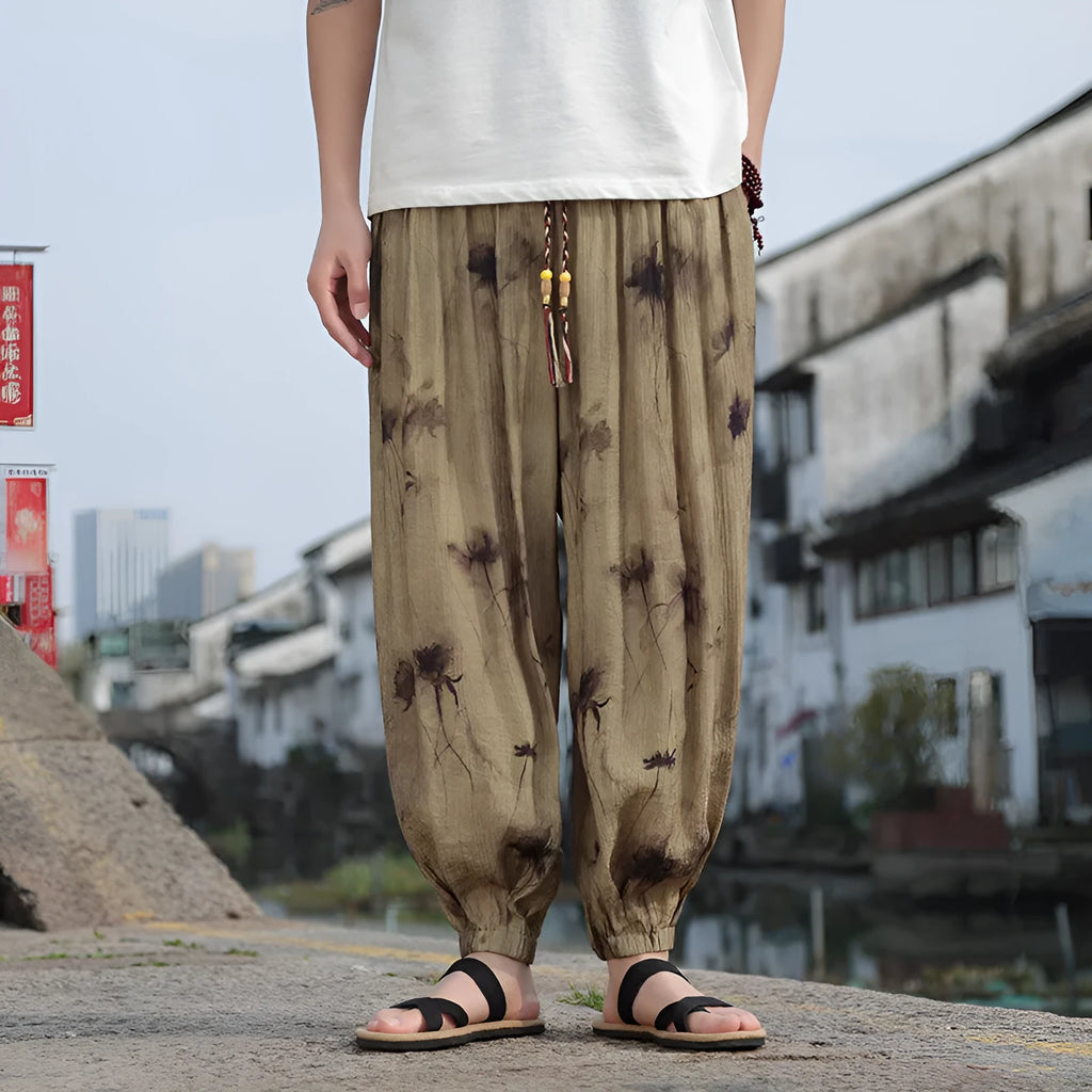 Summer men's thin breathable casual pants in khaki, polyester, micro elastic, leisure trousers
