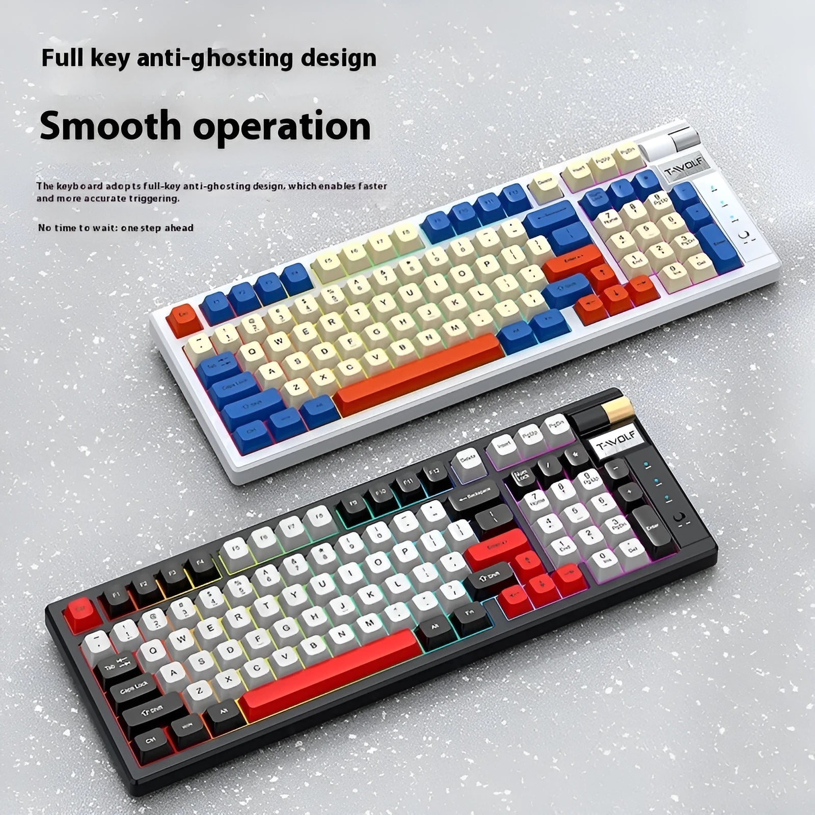 Bluetooth mechanical gaming keyboard with charging cable in Black Red or Blue Orange colours