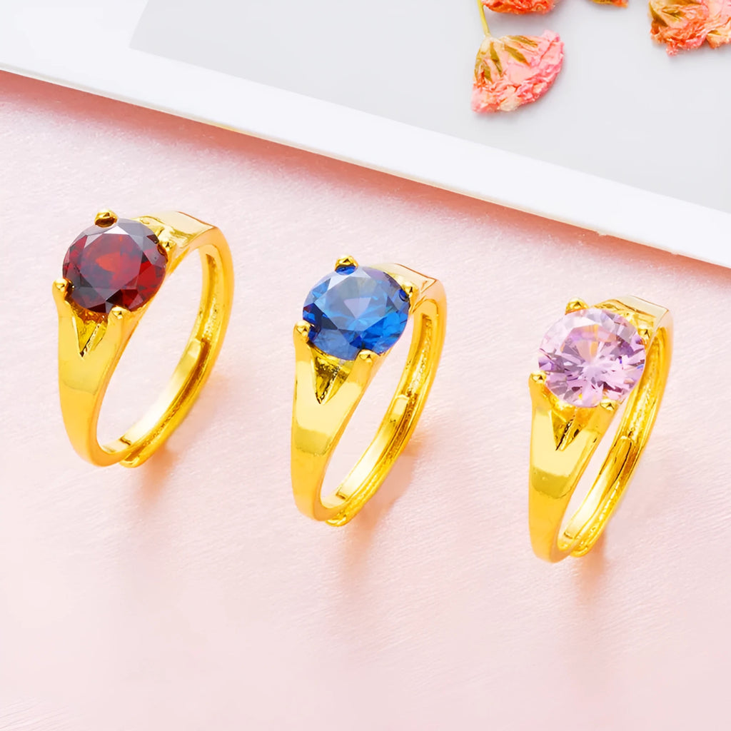 Adjustable Vietnam placer gold zircon ring for women in six colour options on a white background.