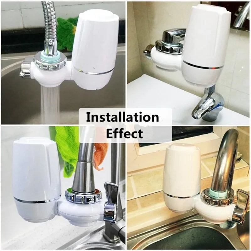 White kitchen faucet water filter with ceramic cartridge and universal thread adapters for tap mounting.