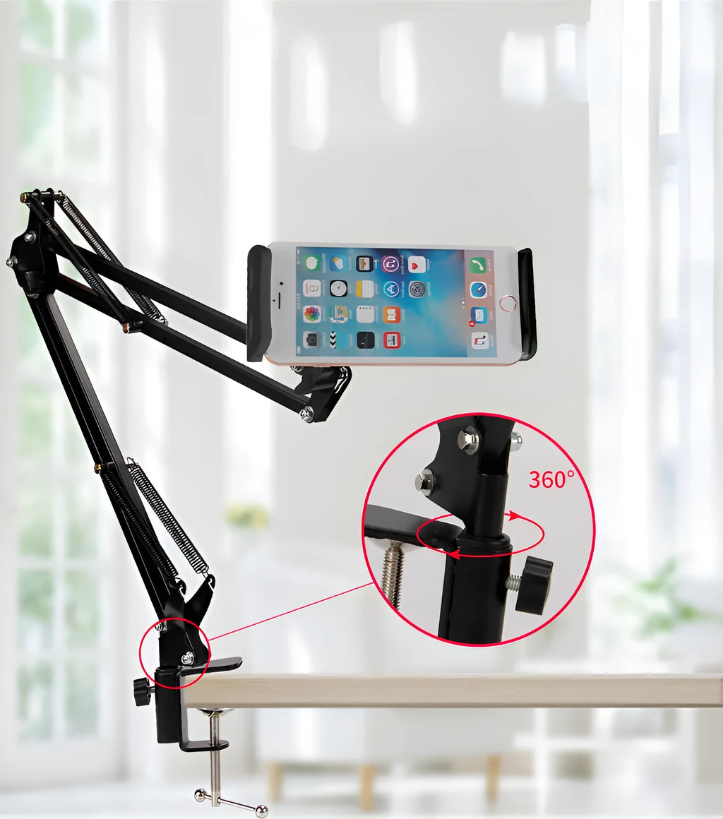 Adjustable black and white phone tablet stand showing different viewing angles
