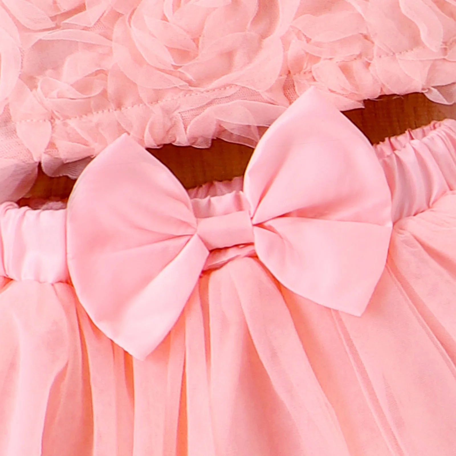 Pink floral strappy bow mesh cotton skirt suit set for baby girls with top and skirt