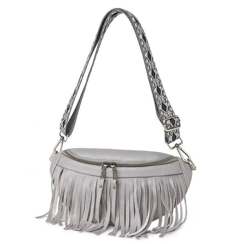 Retro messenger chest bag with tassel details and pleated design in soft PU material