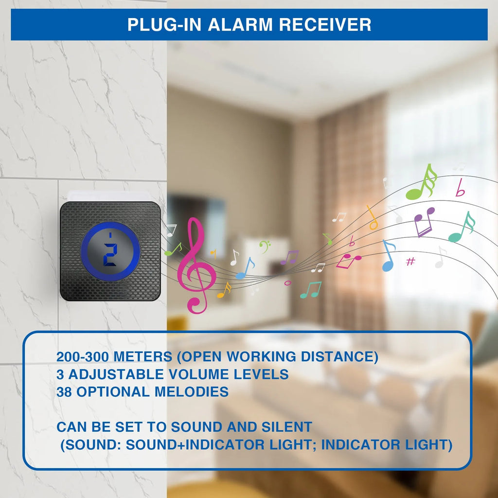 Solar wireless outdoor motion detector alarm with digital display and waterproof housing for driveway and garage use