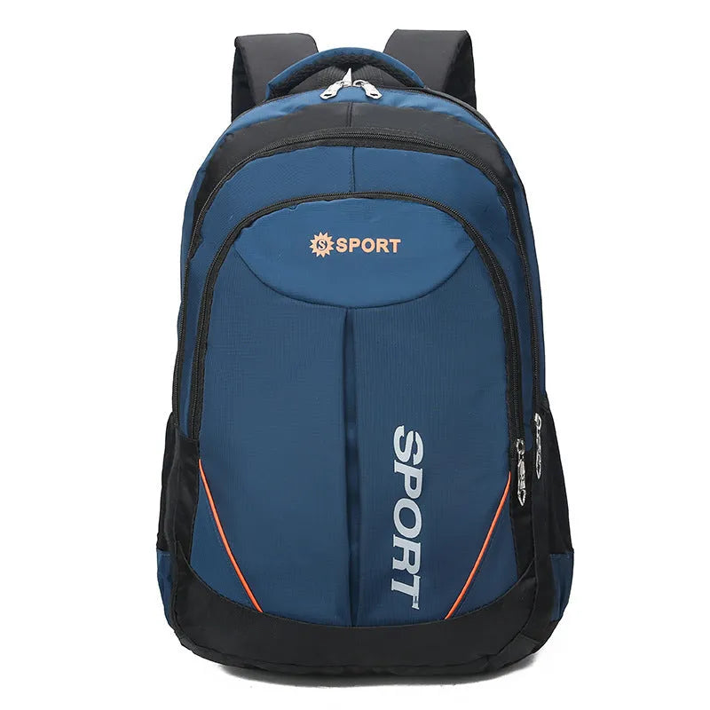 Large capacity nylon backpack for men in black colour with curved shoulder straps and letter patterning
