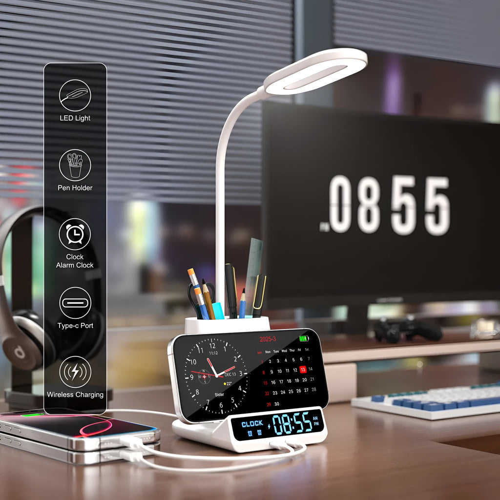 Modern desk lamp with integrated wireless charging pad, pen holder, and storage compartment.