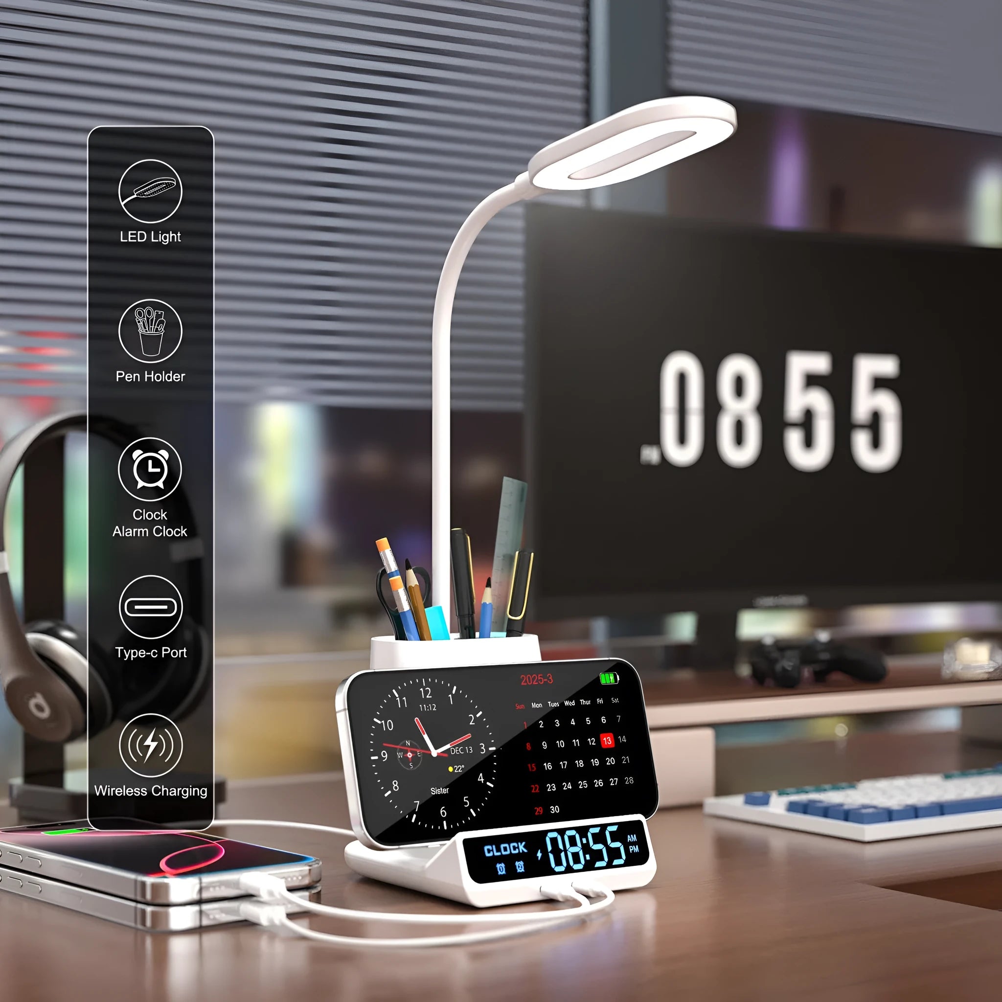 Modern desk lamp with integrated wireless charging pad, pen holder, and storage compartment.
