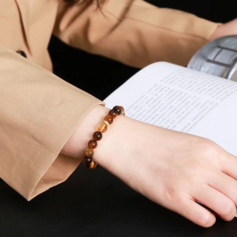 Natural yellow tiger stone and tower crystal bracelet with 8mm geometric beads