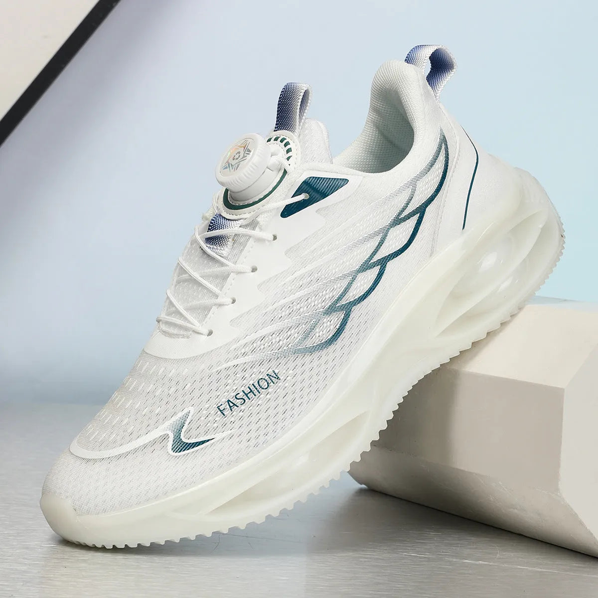 Casual low top running shoes in sky blue with a PU mesh upper and rubber sole.