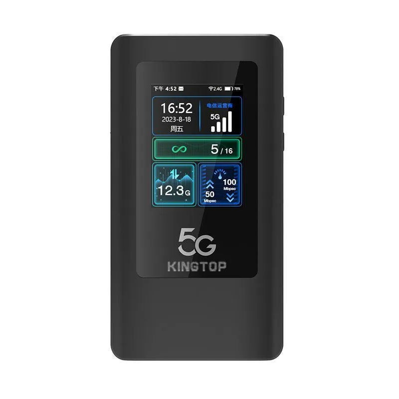 Black portable 5G Wi-Fi router with LCD display showing connectivity status and battery level