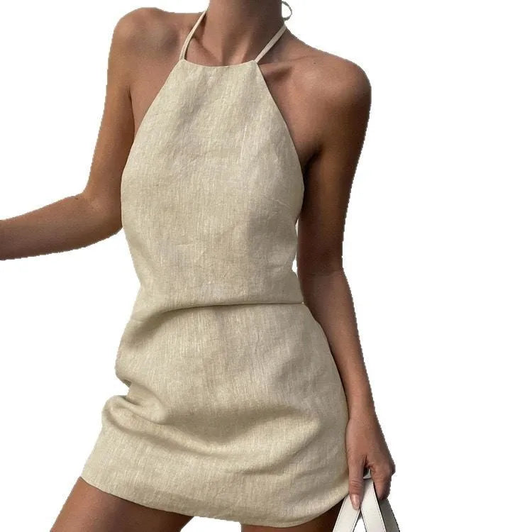 Women's solid colour A-line summer dress made from a cotton and linen blend fabric.