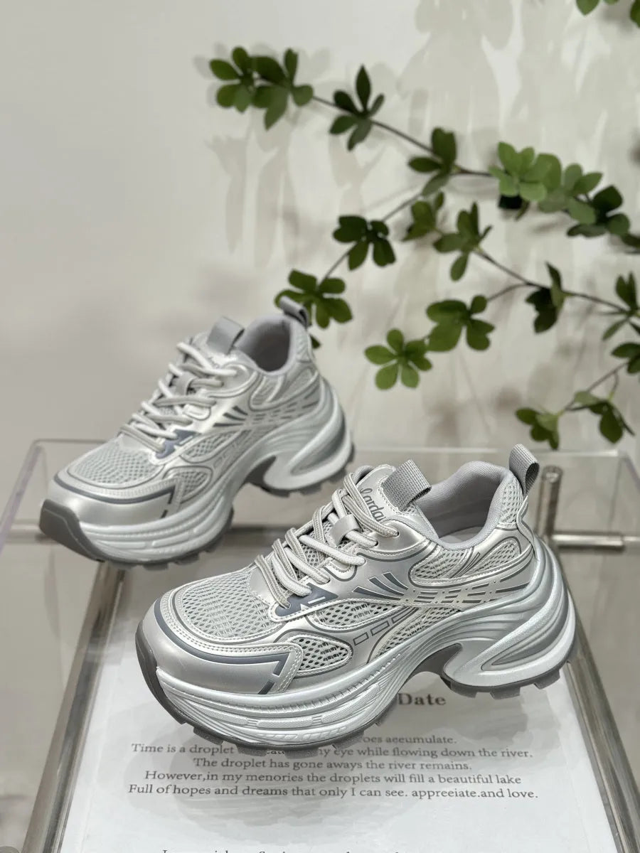 Vintage genuine leather platform dad shoes for women, low top flat heel round toe, silver colour, front lace-up