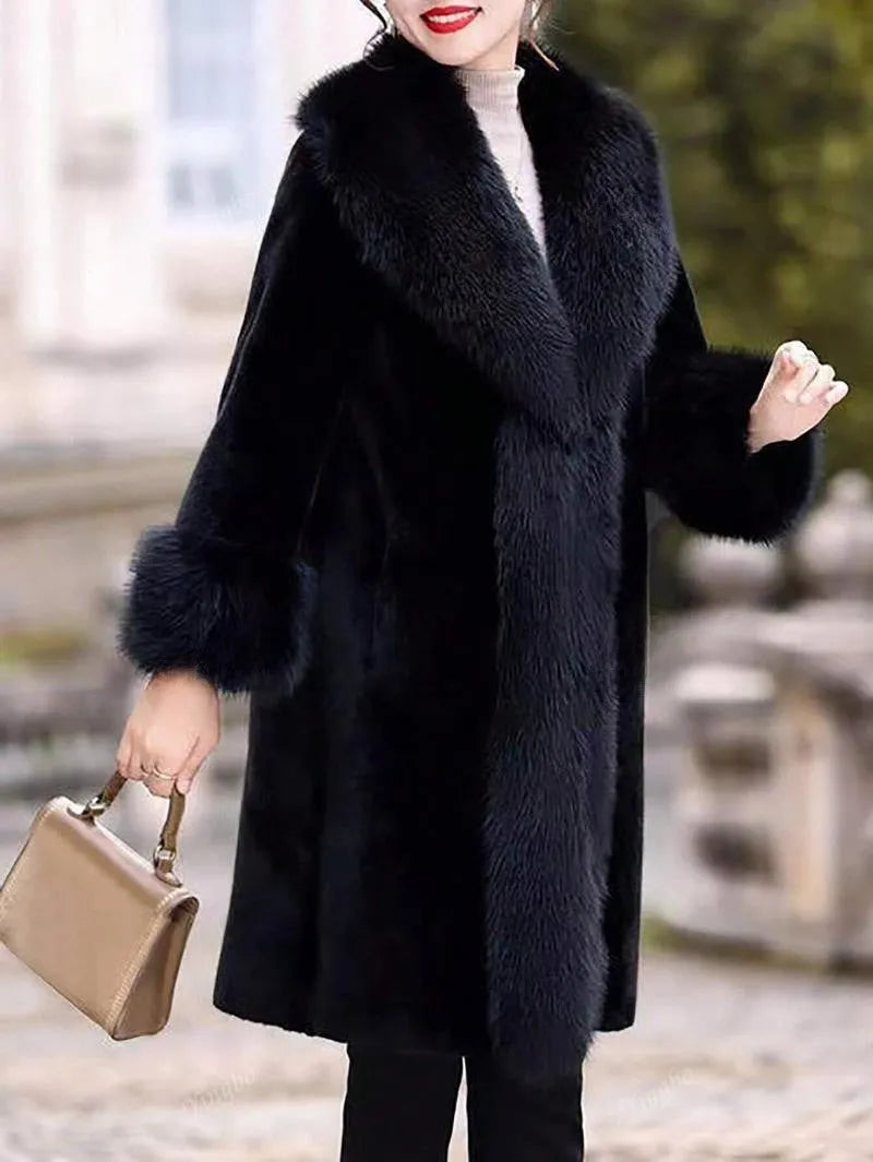 Women's thick grey faux rabbit fur mid-length coat with a fur collar.