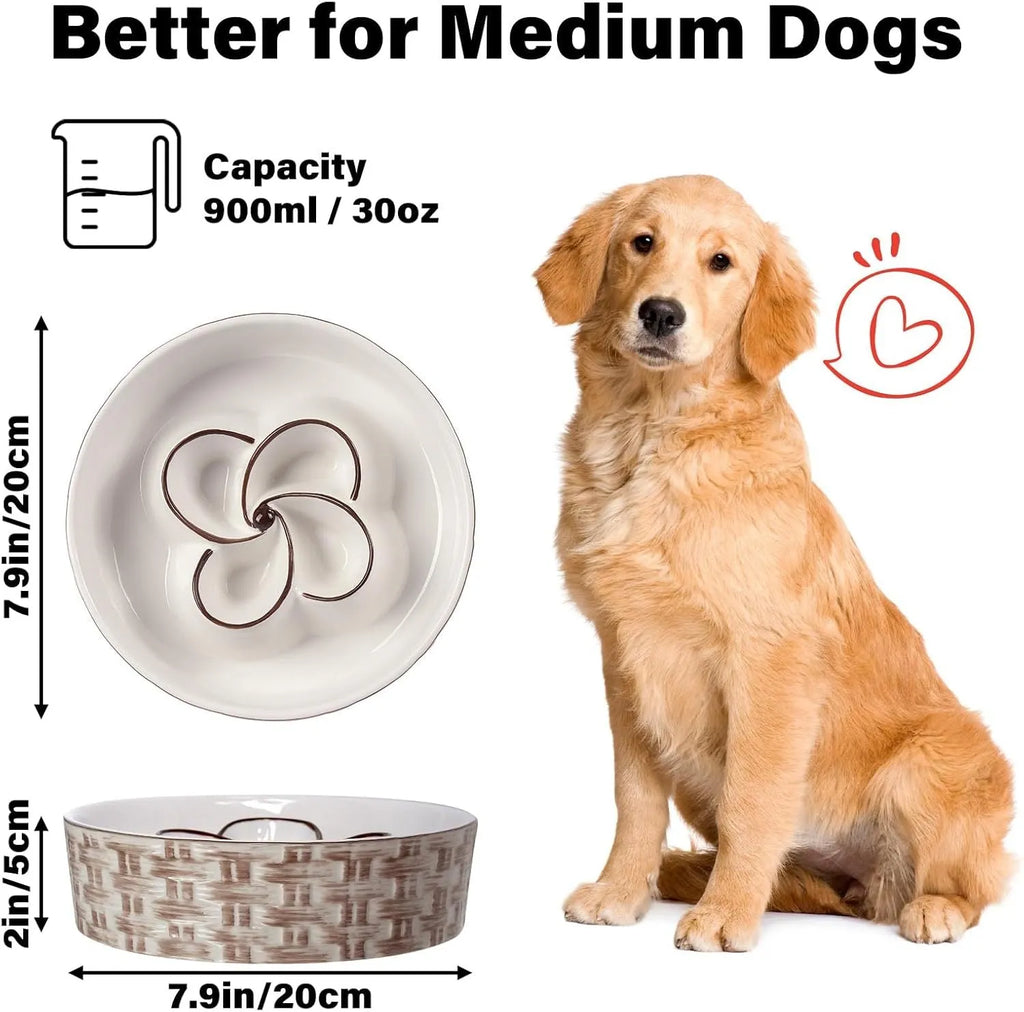 Ceramic slow feeder dog bowl with raised ridges in blue colour on a floor