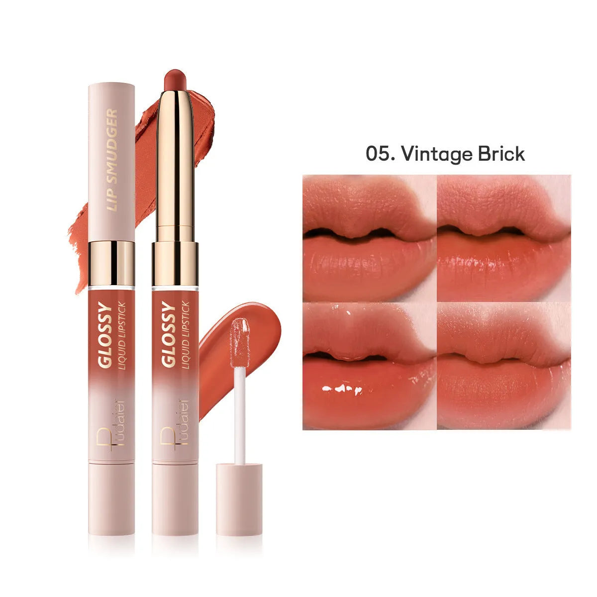 Double-headed lipstick with matte finish showing ten colour options from 01 to 10