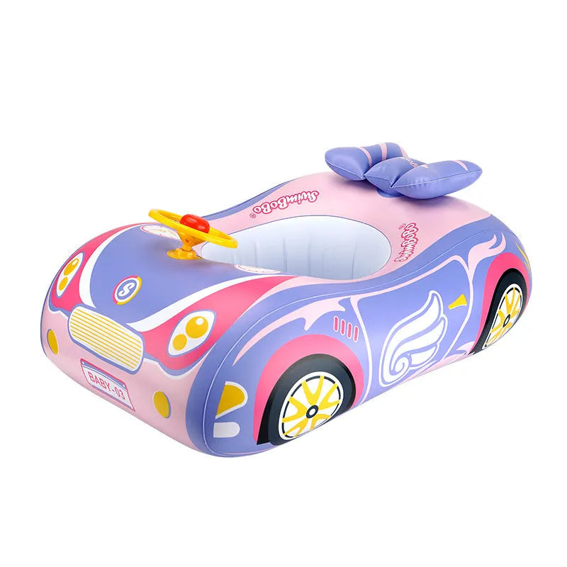 Pink inflatable swimming ring for kids with a mini steering wheel and cartoon sports car boats design.