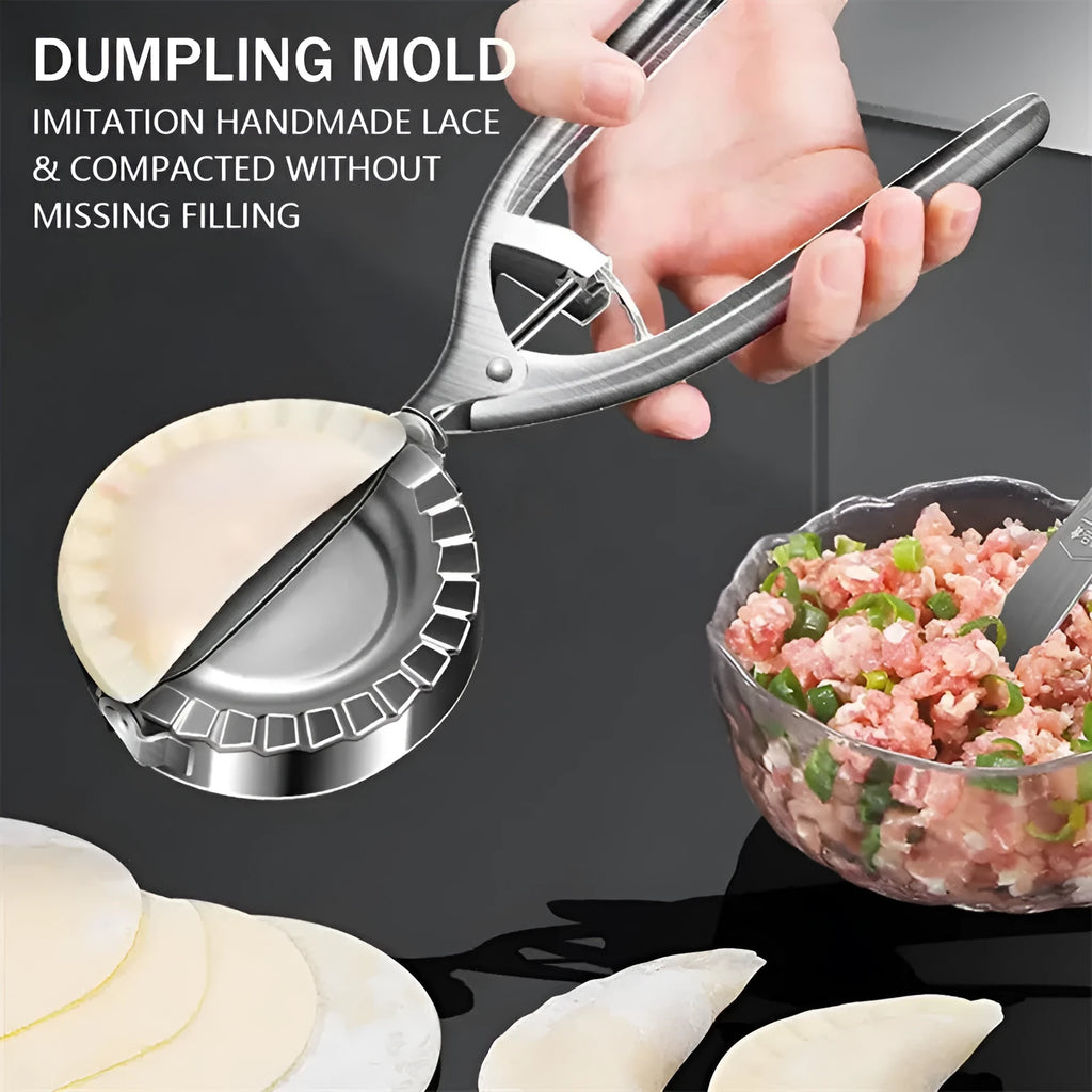 Silver stainless steel manual dumpling press tool on kitchen work surface