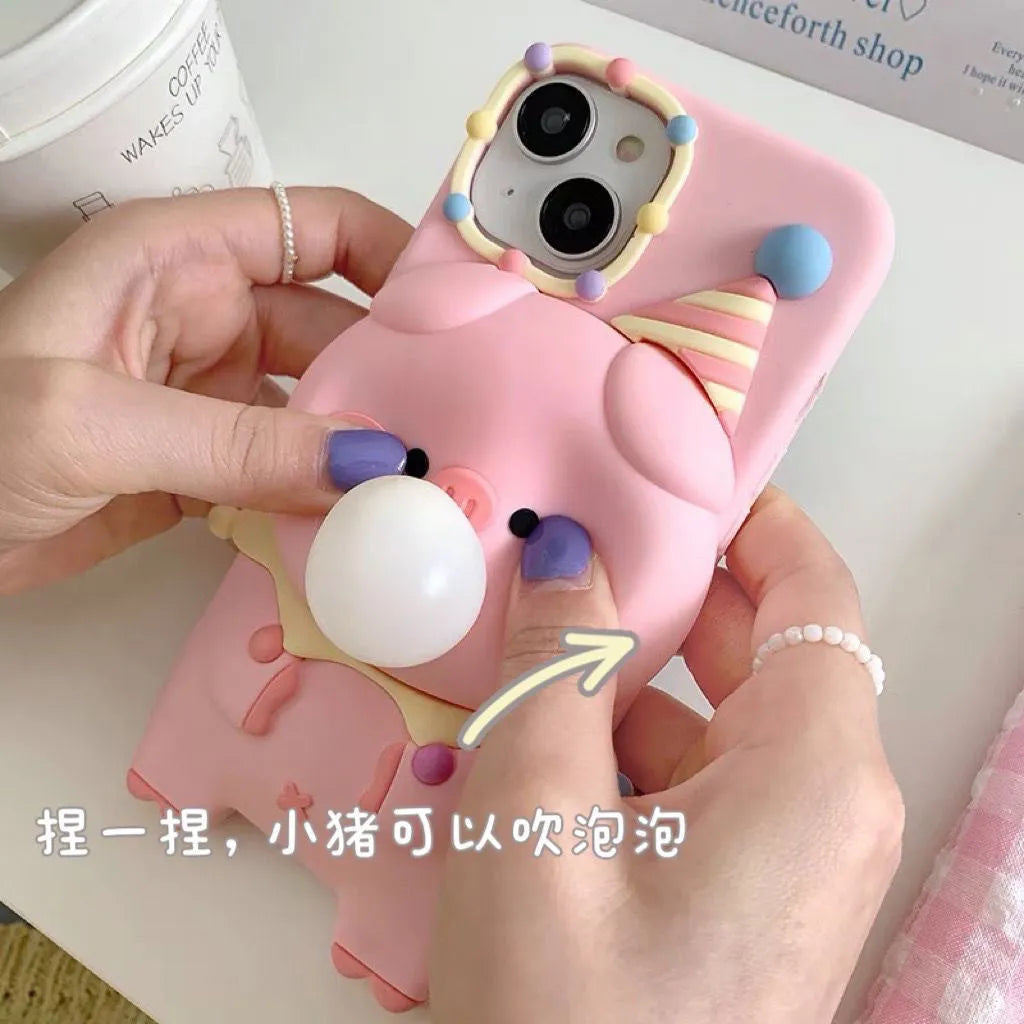 Press bubble blowing cartoon silicone phone case in bubble pig colour for iPhone, featuring three-dimensional relief design